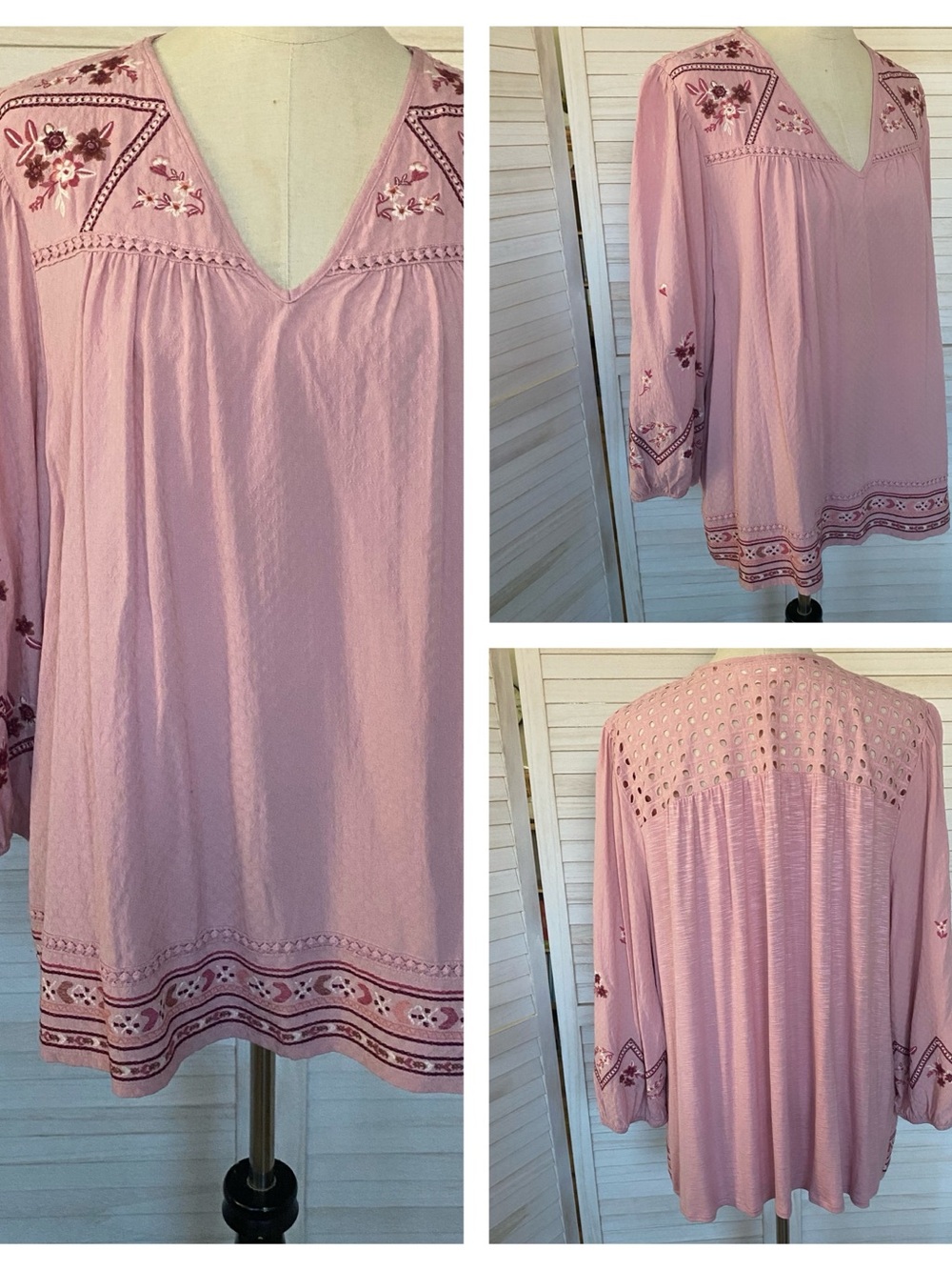 Nurture by Westbound Pink Embroidered Eyelet Pheasant Top Plus SZ 2X